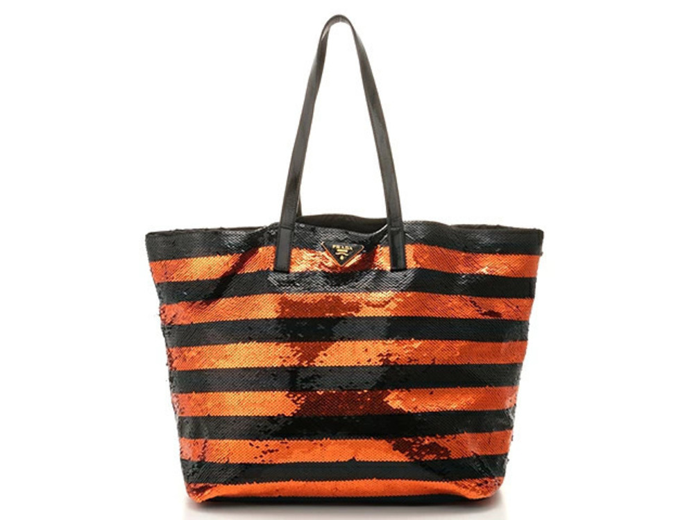 Prada shoulder tote bag orange black stripe sequined Patent Vernis leather